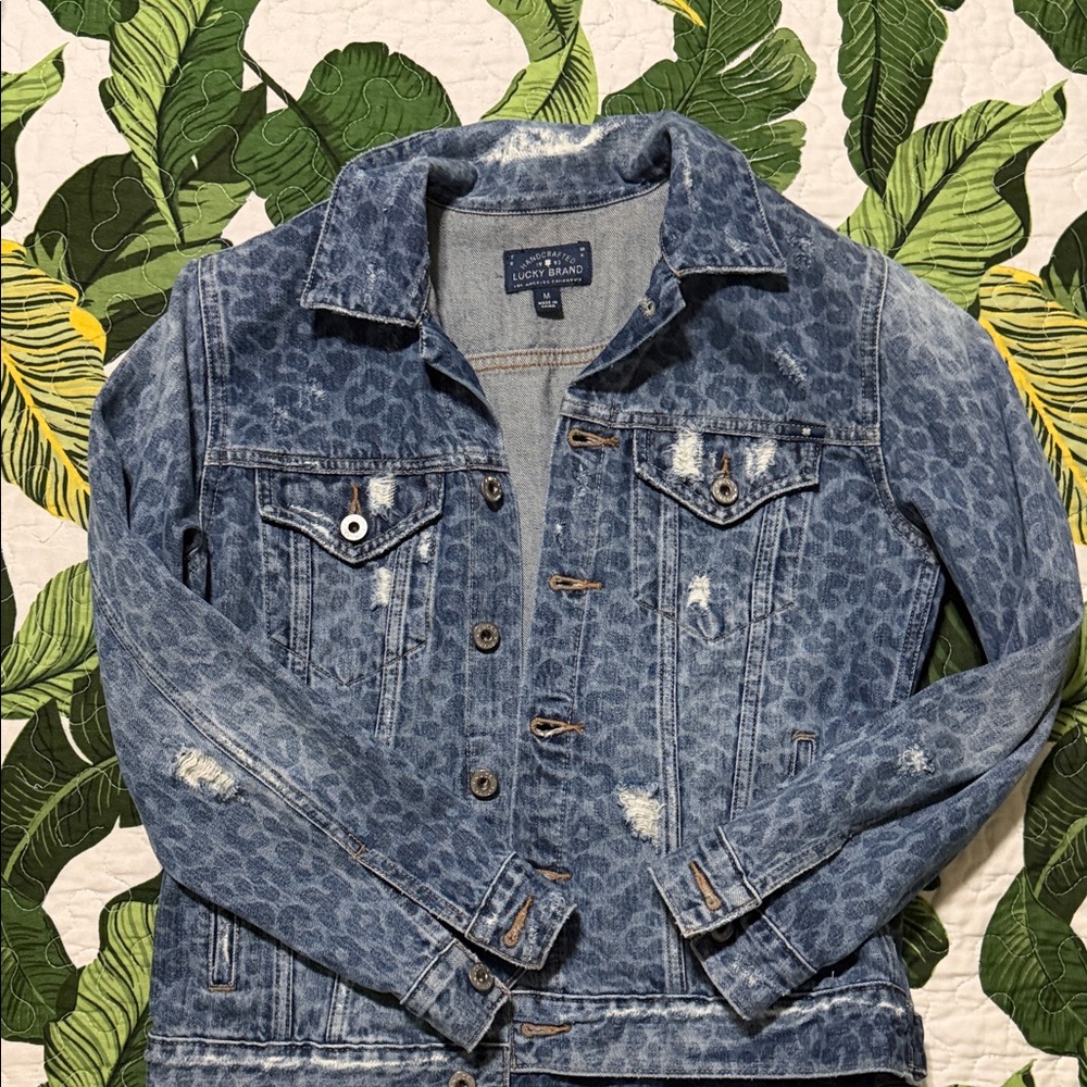 Lucky Brand Blue Leopard Print Distressed Denim Jacket